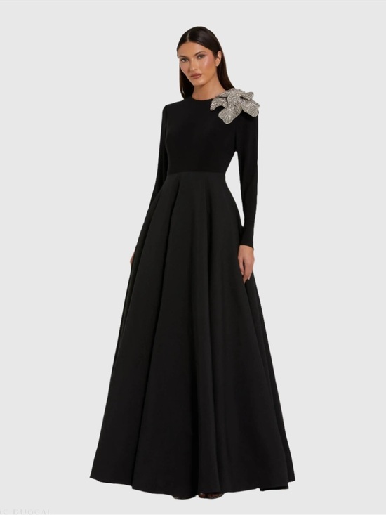 Mac Duggal Dresses & Skirts - MAC DUGGAL Black Long Sleeve Ball Gown Taffeta with 3D Rhinestone Flower